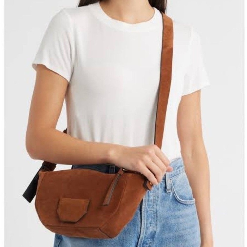 BNWT AllSaints Cognac Suede & Gold Hardware Shoulder Bag, Reg $299 - Picture 7 of 7